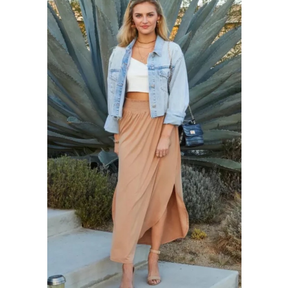 SOLD OUT Camel Smocked Waist Side Slit Pocket Maxi Skirt - Picture 2 of 6